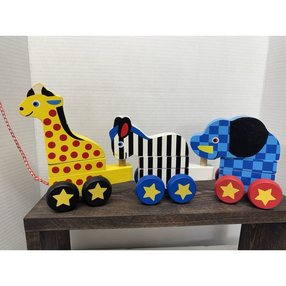 Melissa & Doug Wooden Stacking Zoo Animals Pull Along Toy Giraffe Zebra Elephant